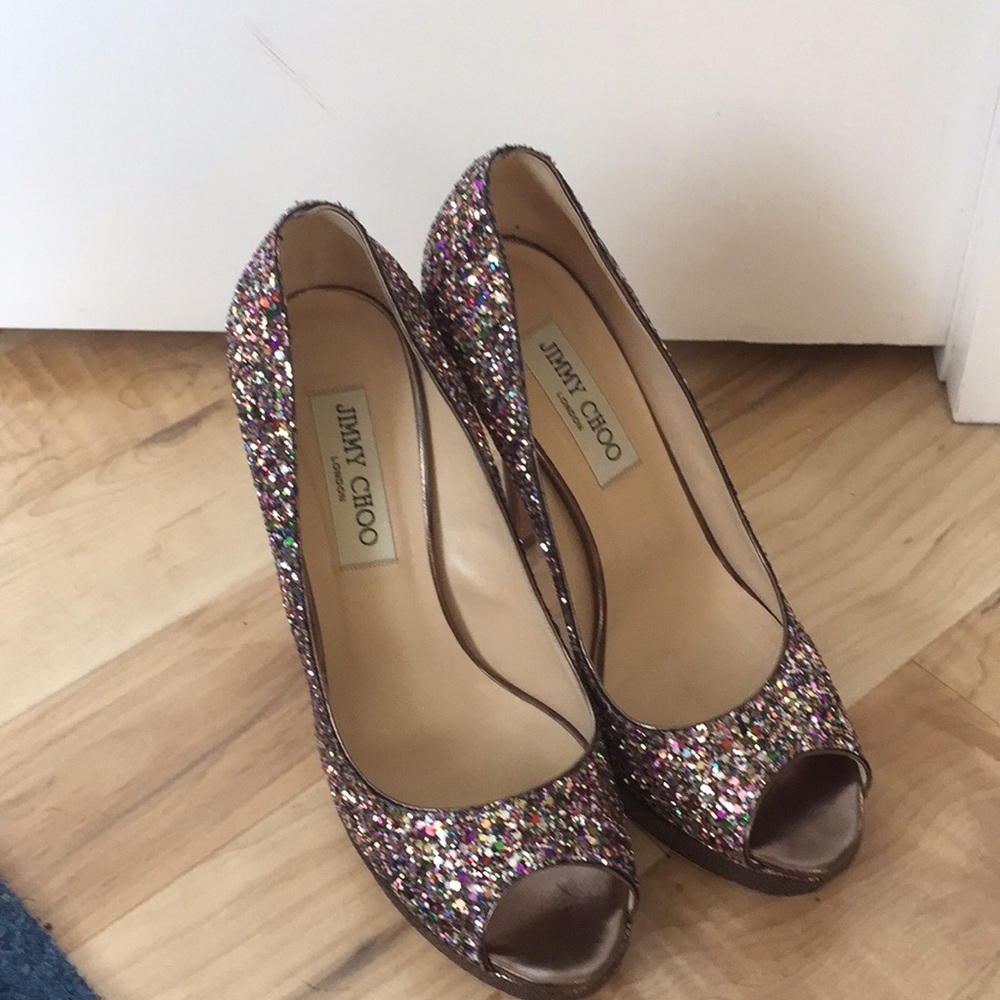 Jimmy Choo glitter,platform peep toe pumps.Classic - Picture 3 of 8